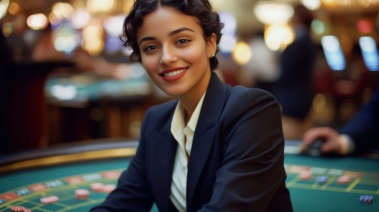 Antarmuka Live Chat error slot dengan dealer dan pemain di meja Baccarat